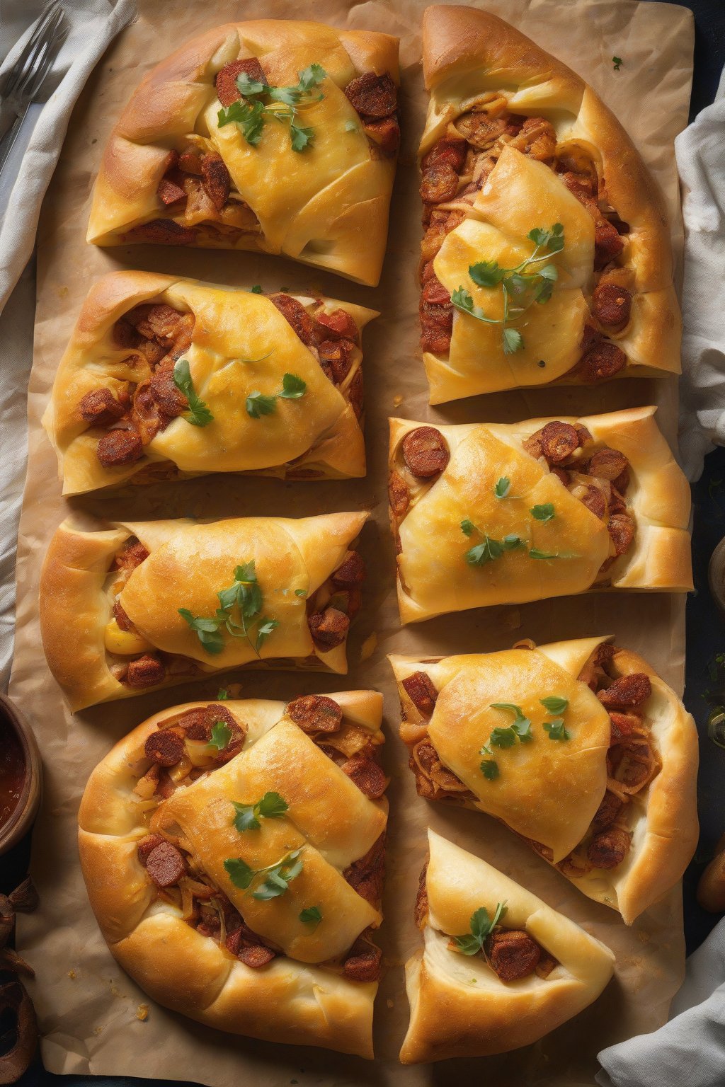 A high-resolution close-up photo of chorizo potato stromboli revealing spiced meat and golden potato chunks, under soft lighting.