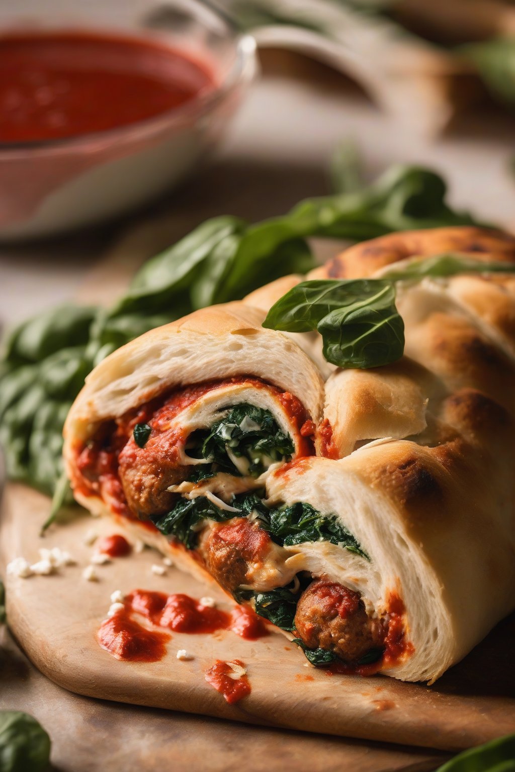 A high-resolution photo of turkey meatball stromboli cut to show green spinach and white feta against red sauce, under soft lighting.