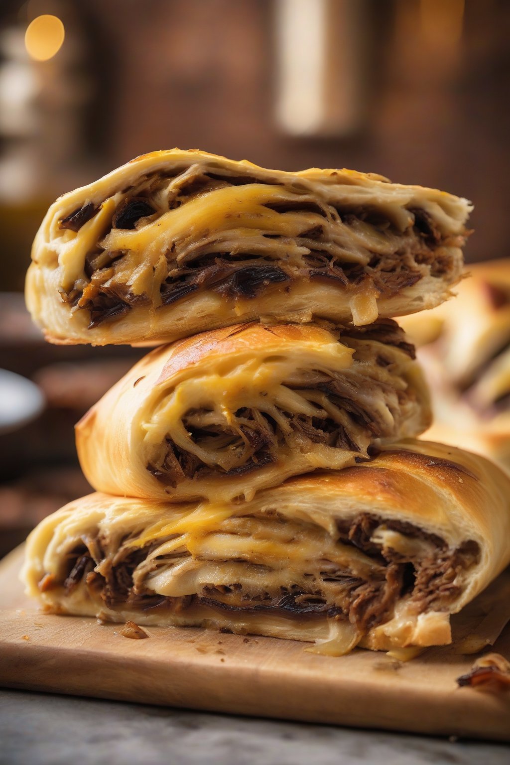 A high-resolution close-up photo of brisket stromboli with dark caramelized onions and stringy gouda in every slice, under soft lighting.
