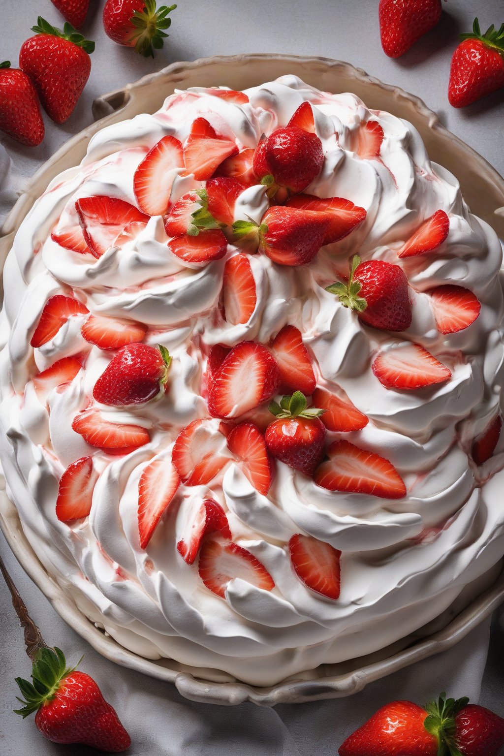 A high-resolution photo of a classic strawberry meringue pavlova, crisp edges cracked to reveal soft center, piled high with glossy whipped cream and vibrant sliced strawberries, under soft lighting.