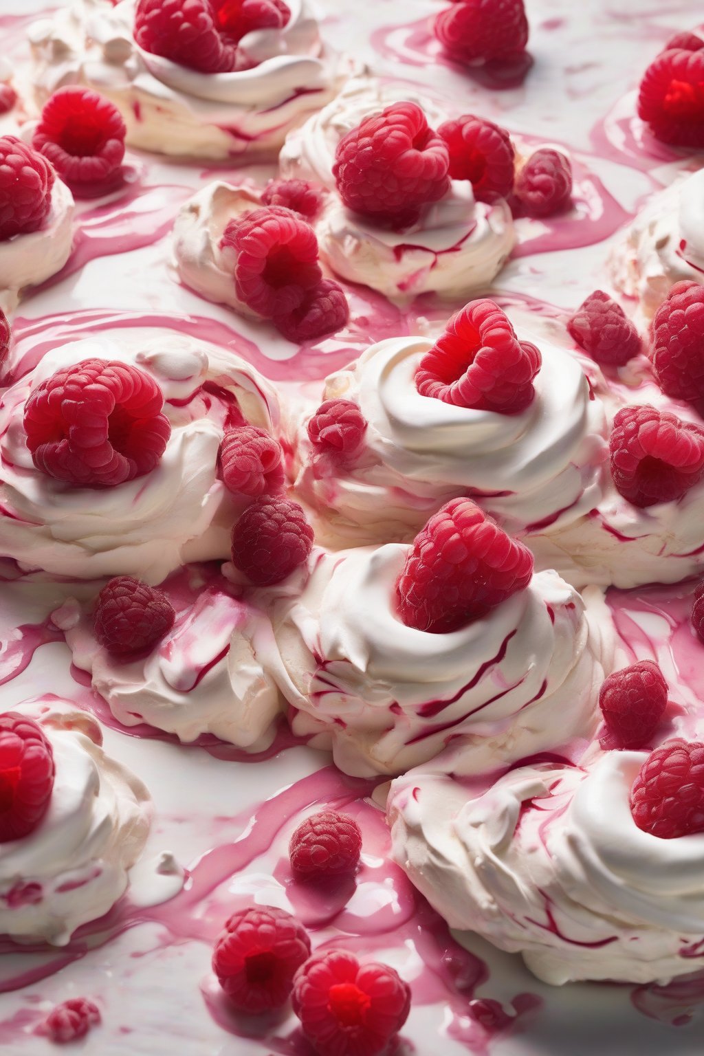 A high-resolution photo of raspberry ripple pavlova, meringue with pink swirls visible inside cracks, topped with creamy yogurt dollops and clusters of fresh raspberries, under soft lighting.