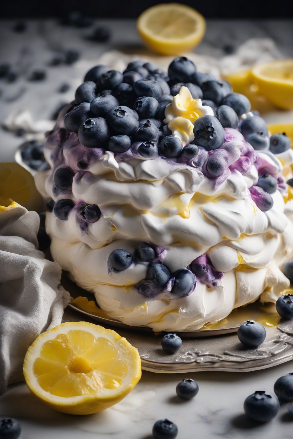 A high-resolution photo of blueberry lemon pavlova, meringue nest brimming with golden curd, fluffy cream, and a cascade of plump blueberries, under soft lighting.