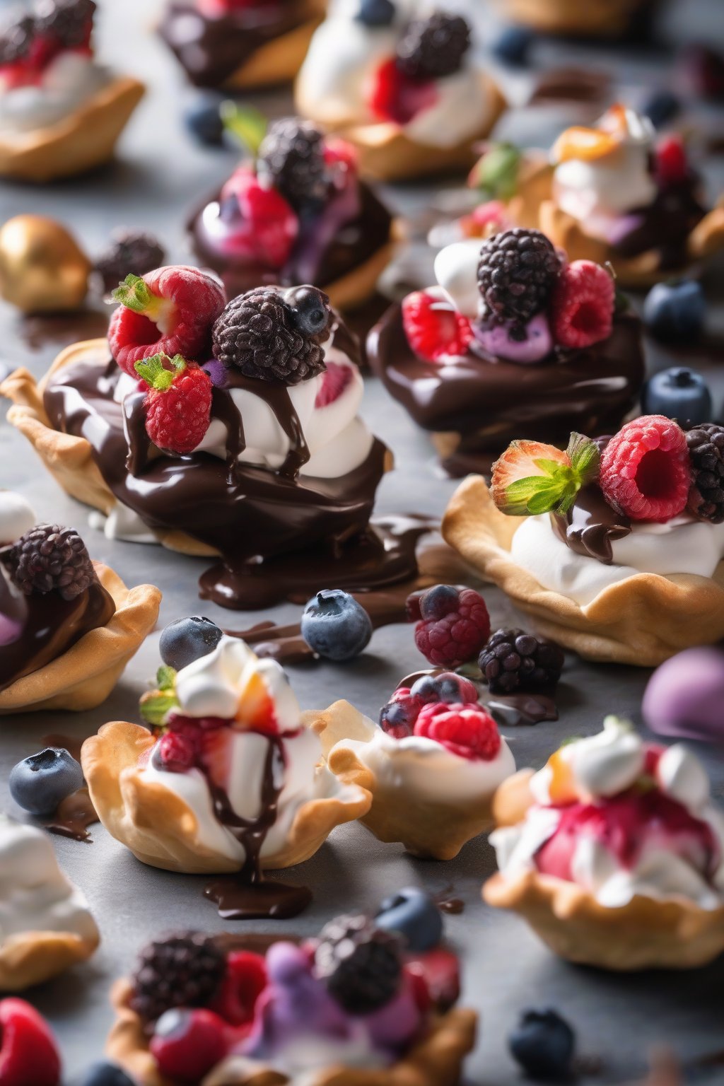 A high-resolution photo of chocolate-dipped berry pavlova bites, tiny meringue nests edged in glossy chocolate, adorned with cream puffs and colorful mixed berries, under soft lighting.