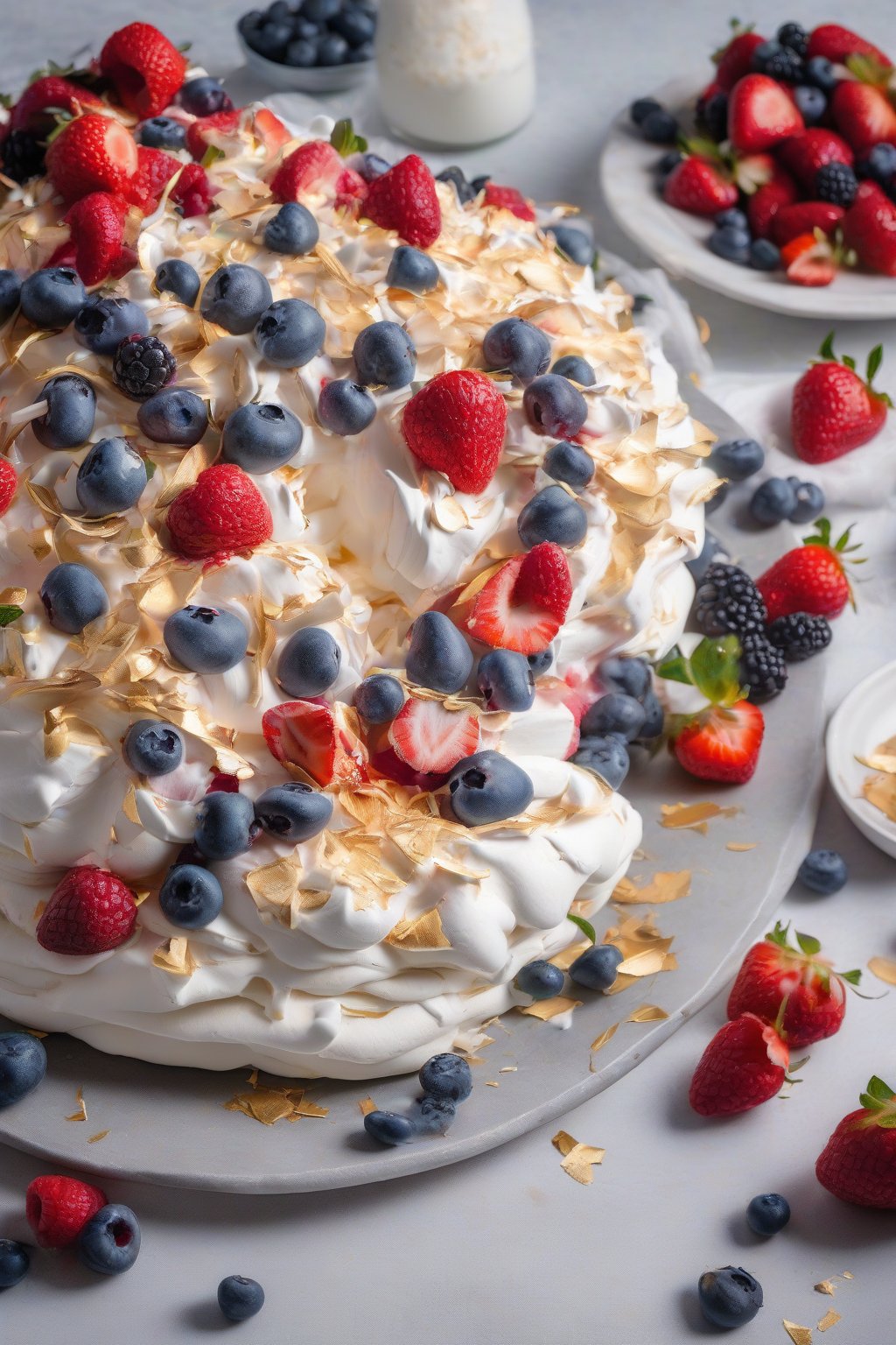 A high-resolution photo of mixed berry coconut pavlova, meringue base layered with creamy white coconut topping, overflowing with strawberries, blueberries, and raspberries plus golden coconut flakes, under soft lighting.