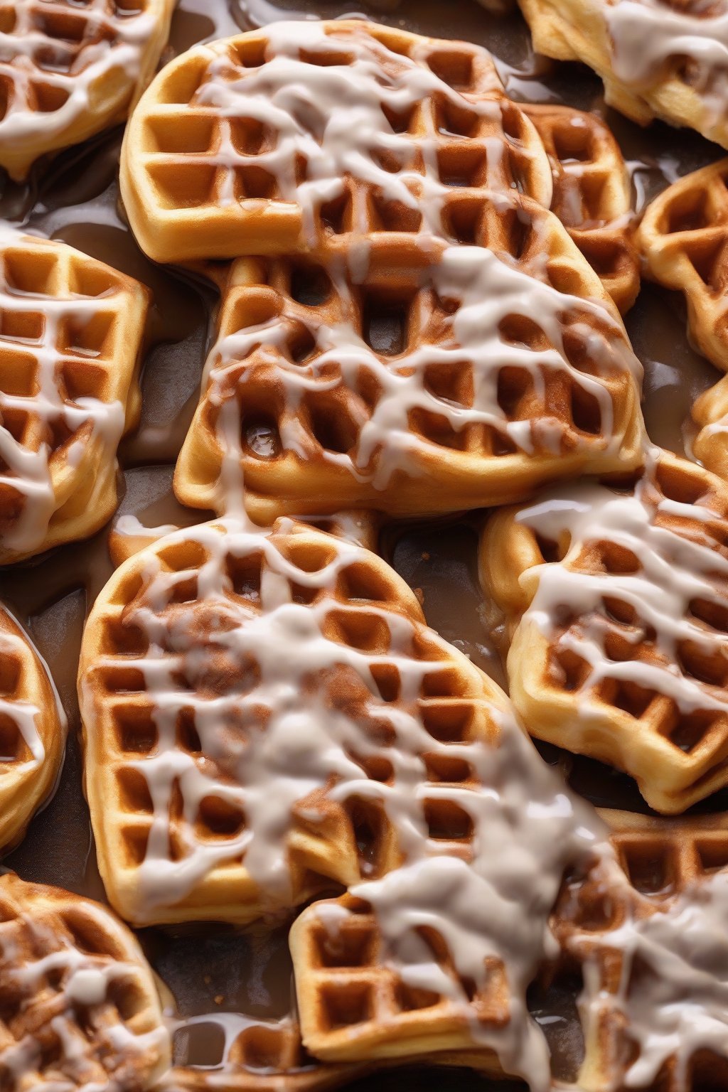 A high-resolution photo of golden cinnamon roll waffles glazed with icing and cinnamon dust under soft lighting.