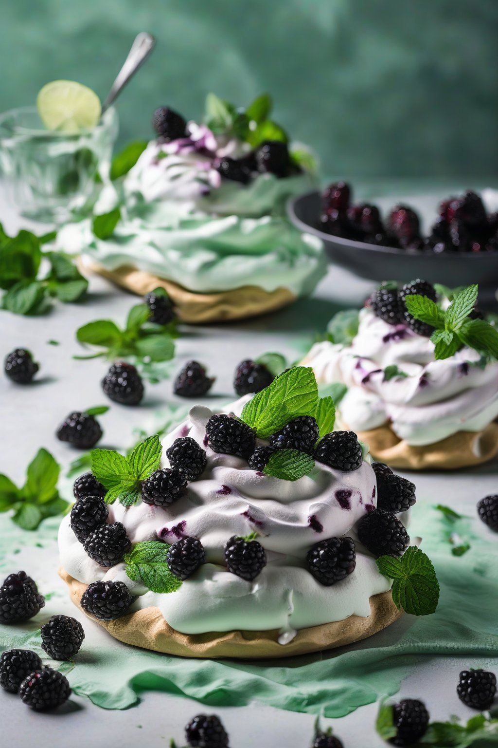 A high-resolution photo of blackberry mint pavlova, crisp meringue topped with pale green lime cream, glossy blackberries, and scattered mint leaves, under soft lighting.