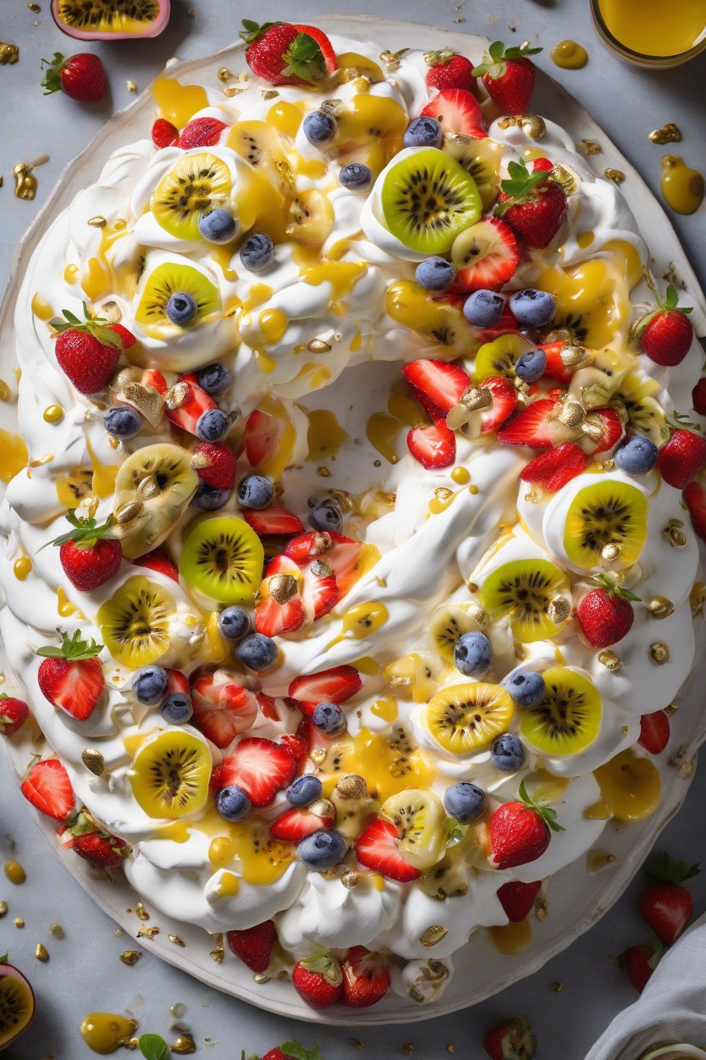 A high-resolution photo of passionfruit berry pavlova, meringue cradling cream, sliced strawberries, golden kiwi-berries, and seeded passionfruit drizzle, under soft lighting.