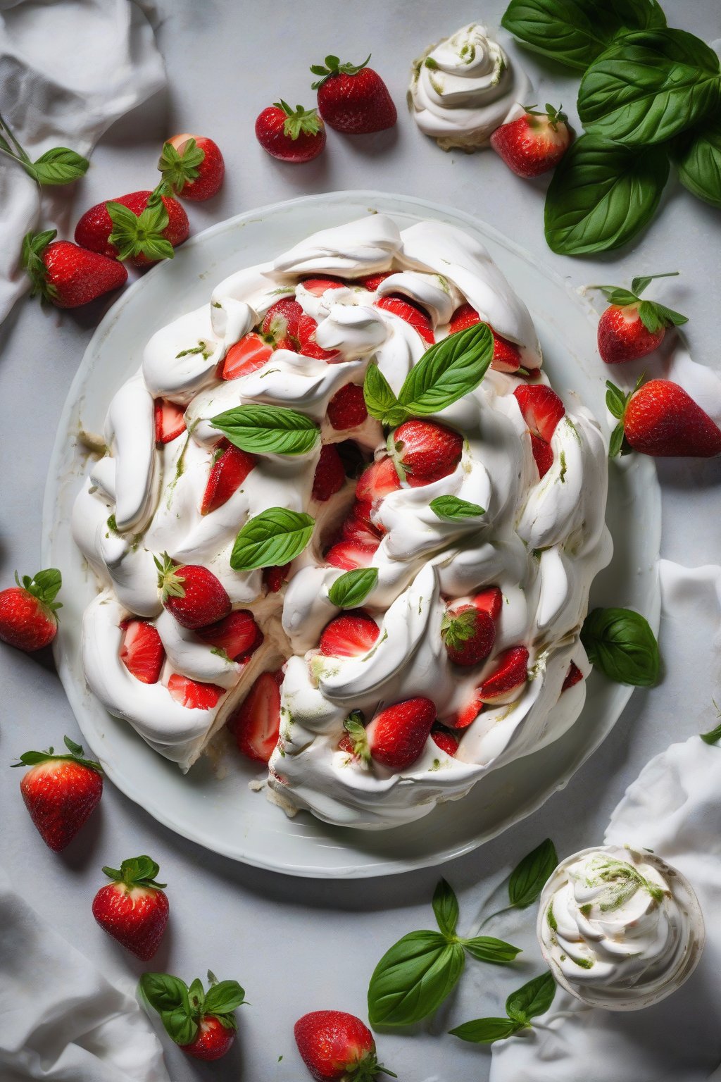 A high-resolution photo of strawberry basil pavlova, white meringue with basil-flecked cream, halved strawberries, and a balsamic swirl, under soft lighting.