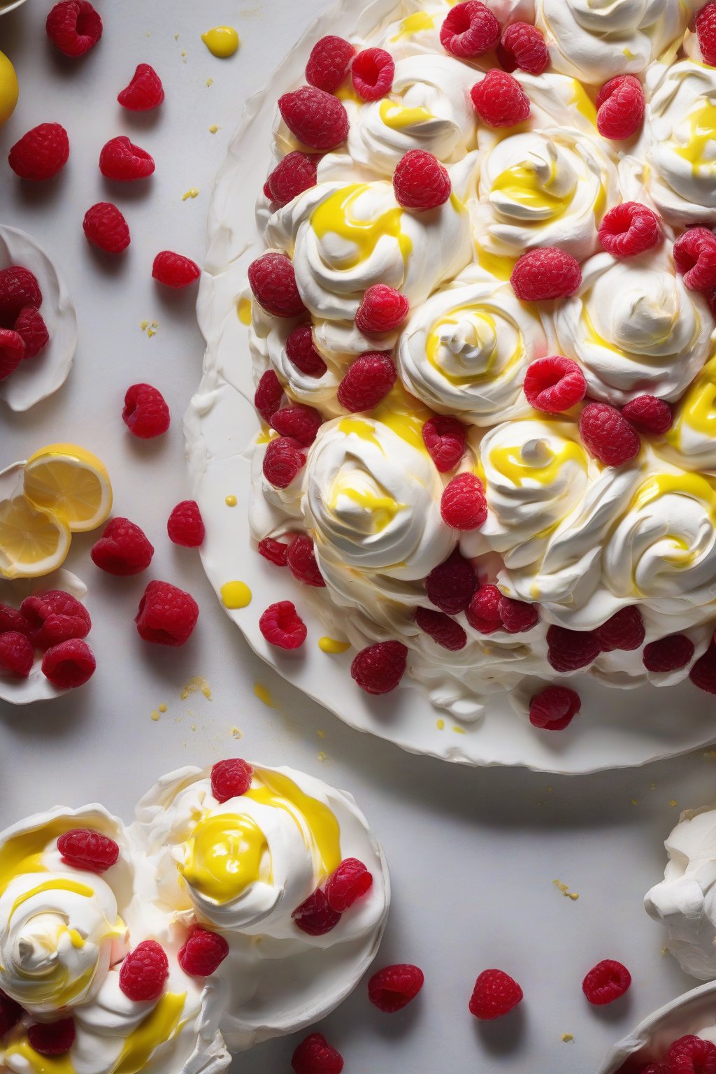 A high-resolution photo of lemon curd raspberry pavlova, meringue overflowing with yellow curd, white cream rosettes, and bright red raspberries, under soft lighting.