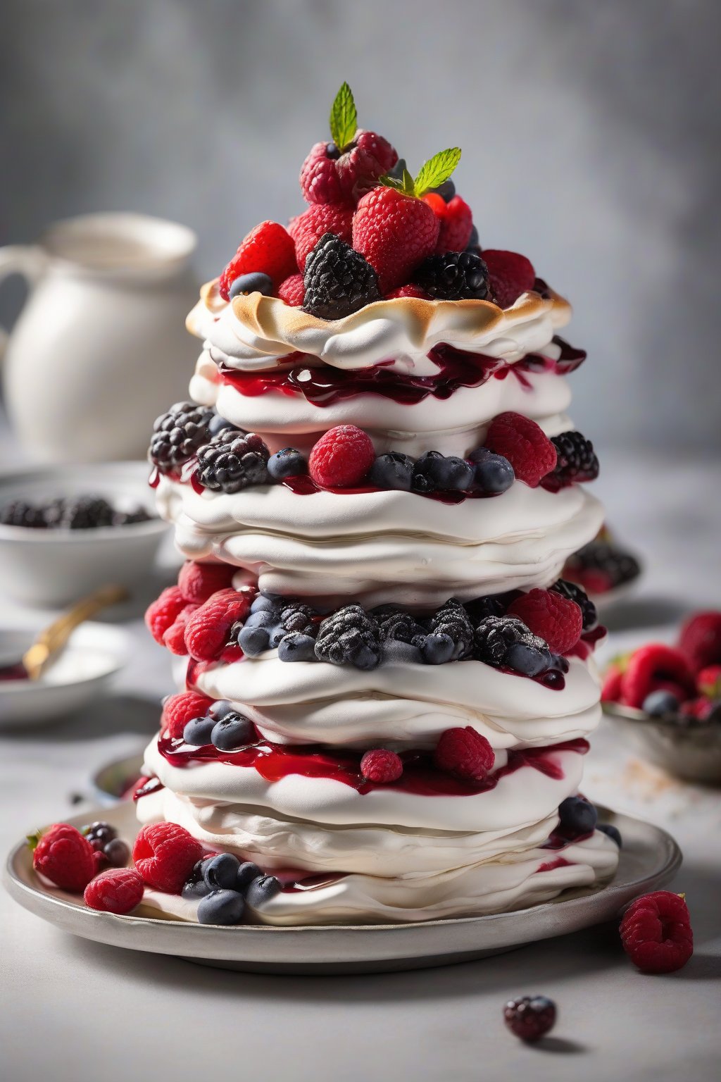 A high-resolution photo of triple berry pavlova stack, three-tiered meringue layers sandwiched with cream and vibrant berry compote oozing at edges, under soft lighting.