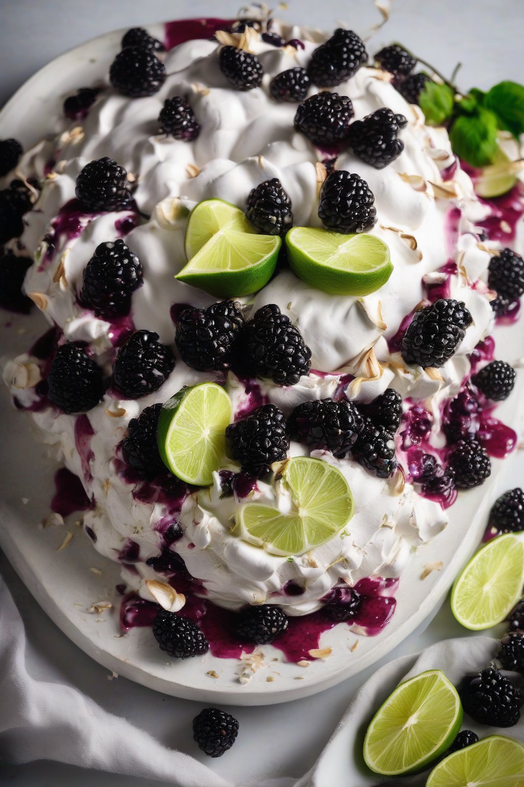 A high-resolution photo of blackberry coconut pavlova, meringue base with thick coconut cream, piled blackberries, and green lime zest flecks, under soft lighting.
