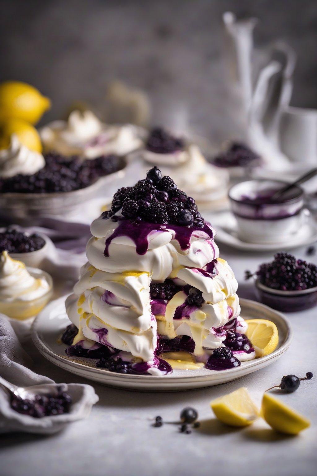 A high-resolution photo of elderberry lemon pavlova, meringue with curd layers, deep purple elderberry drizzle, and lemon cream swirls, under soft lighting.