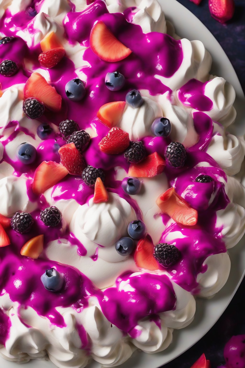 A high-resolution photo of dragonfruit berry pavlova, meringue topped with magenta dragonfruit orbs, berry mix, and cream peaks, under soft lighting.