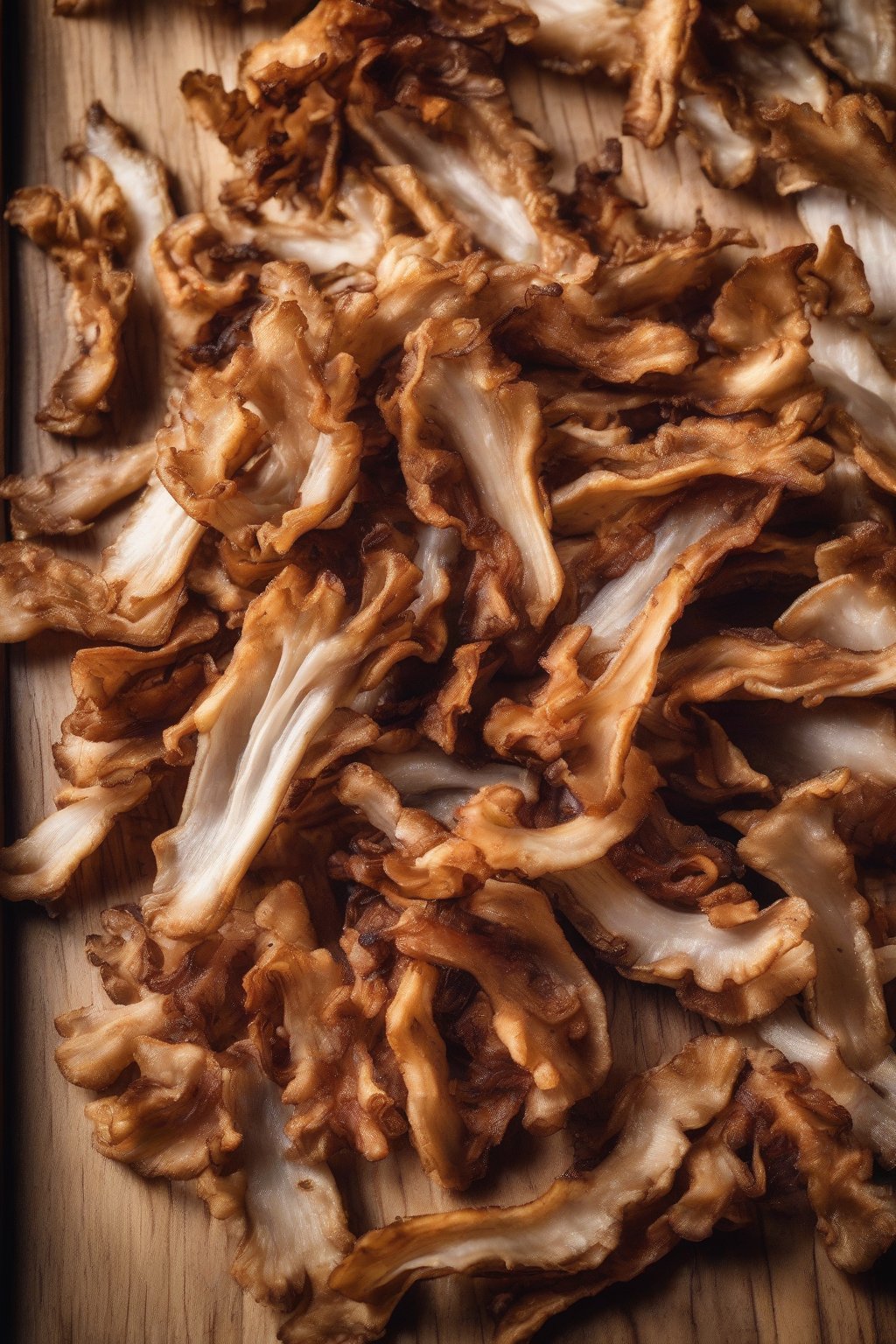 A high-resolution close-up photo of crispy oyster mushroom bacon strips on a wooden board under soft lighting.