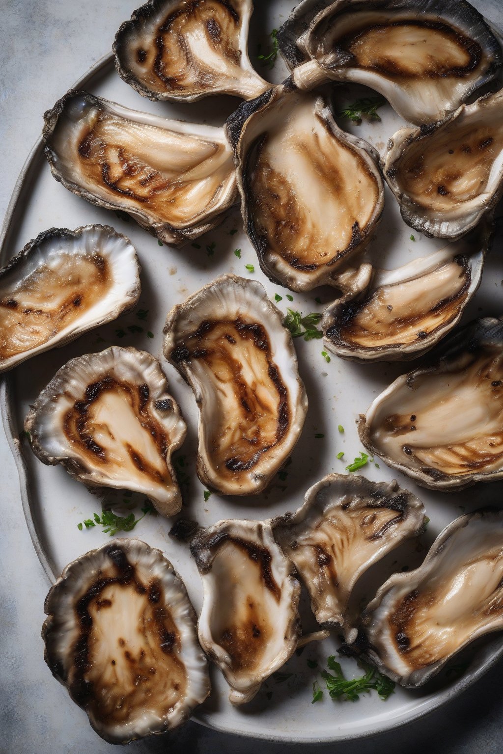 A high-resolution photo of grilled oyster mushroom steaks with sear marks on a plate under soft lighting.