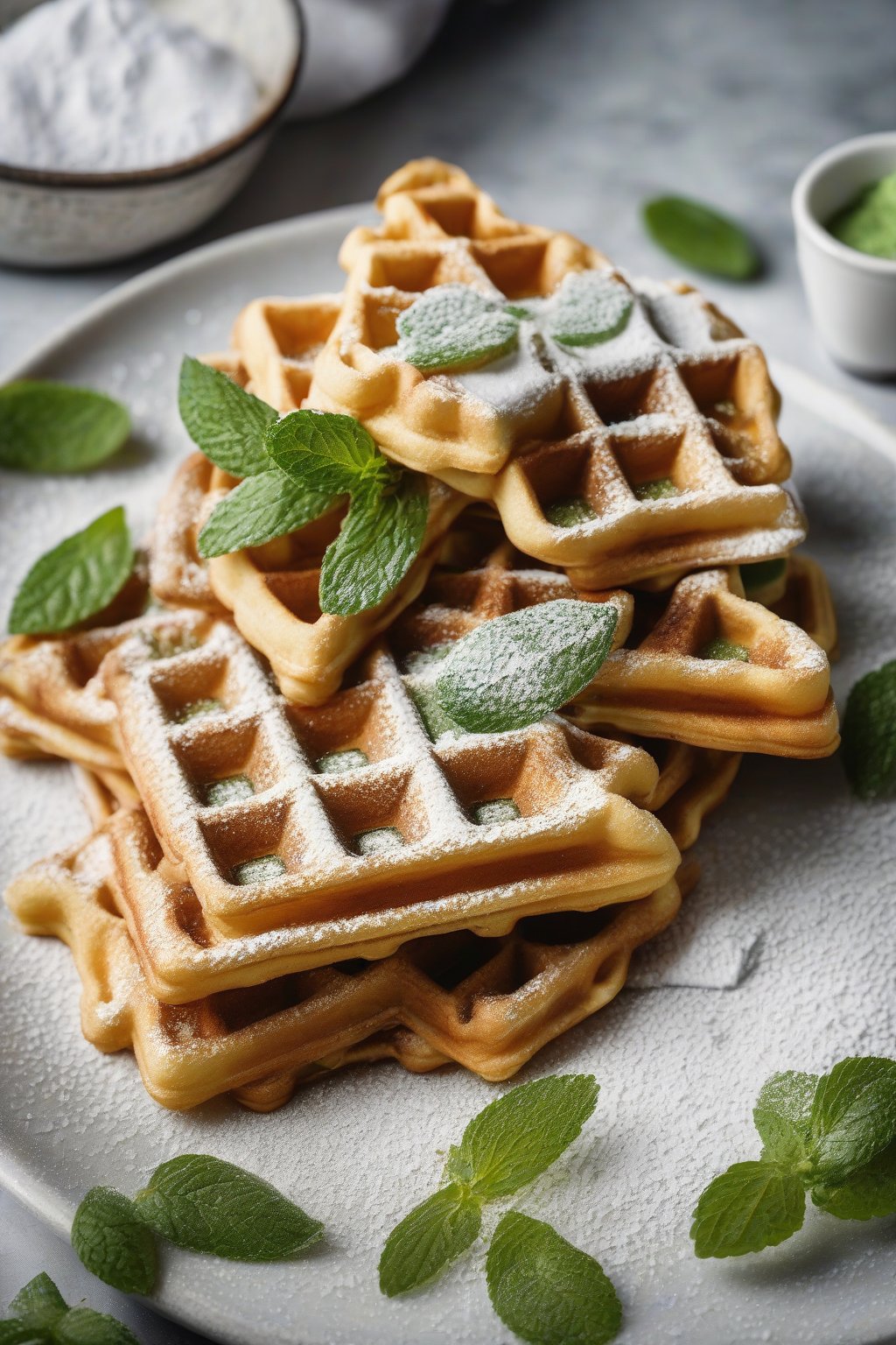 A high-resolution photo of golden matcha waffles dusted with powdered sugar and fresh mint under soft lighting.