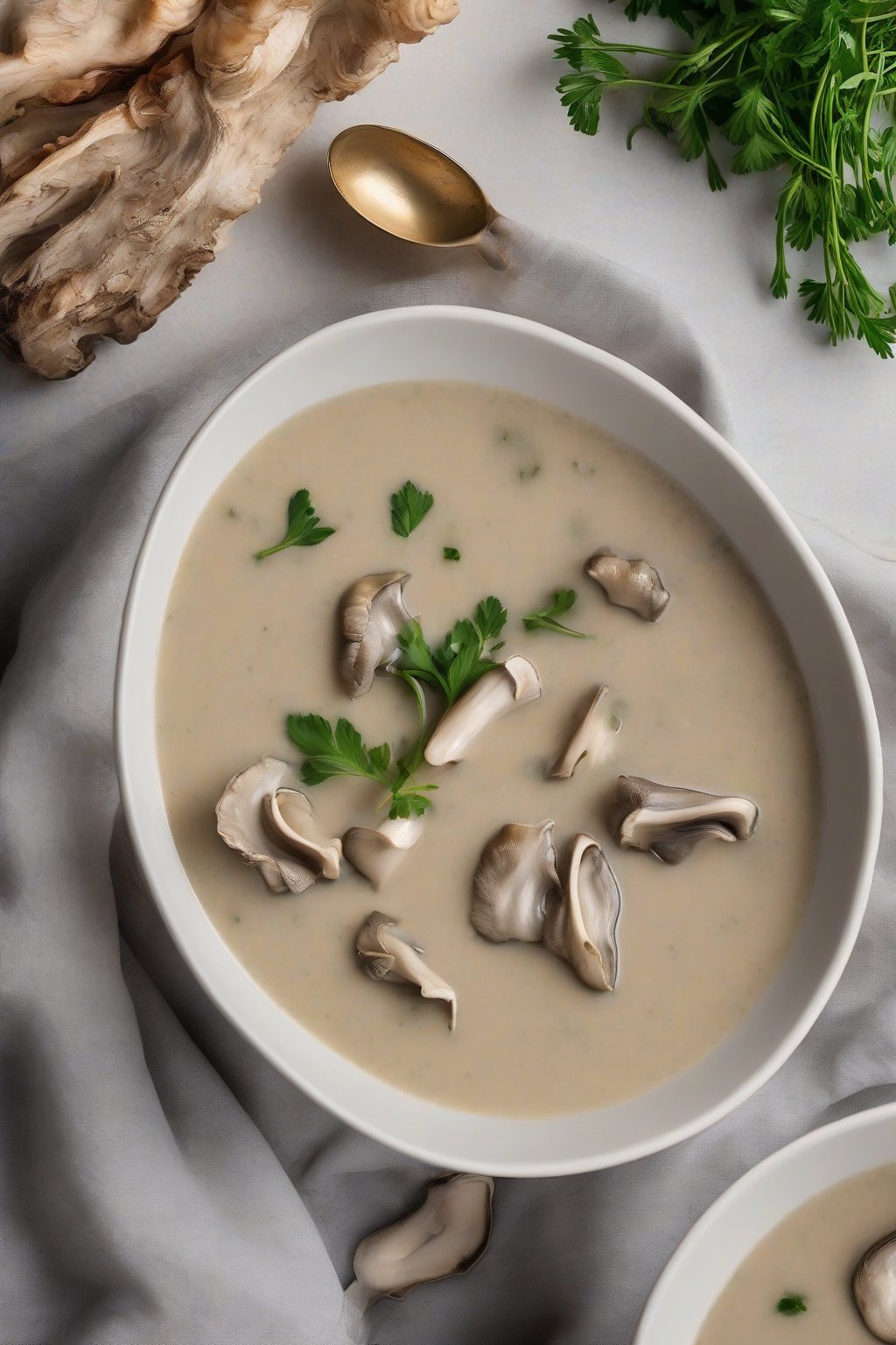 A high-resolution close-up photo of creamy oyster mushroom soup in a bowl with herbs under soft lighting.