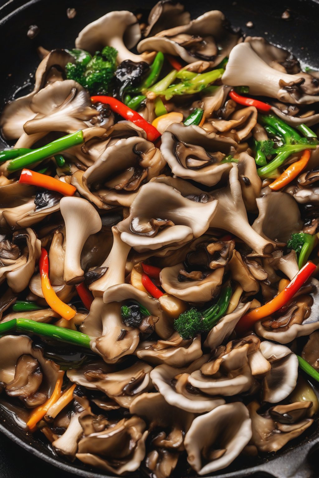 A high-resolution photo of colorful oyster mushroom stir-fry in a wok under soft lighting.