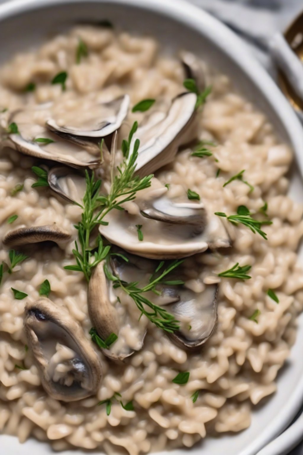 A high-resolution close-up photo of creamy oyster mushroom risotto garnished with herbs under soft lighting.