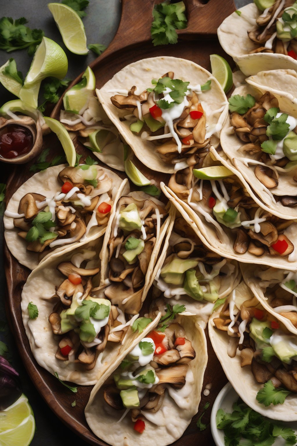 A high-resolution close-up photo of oyster mushroom tacos with toppings under soft lighting.