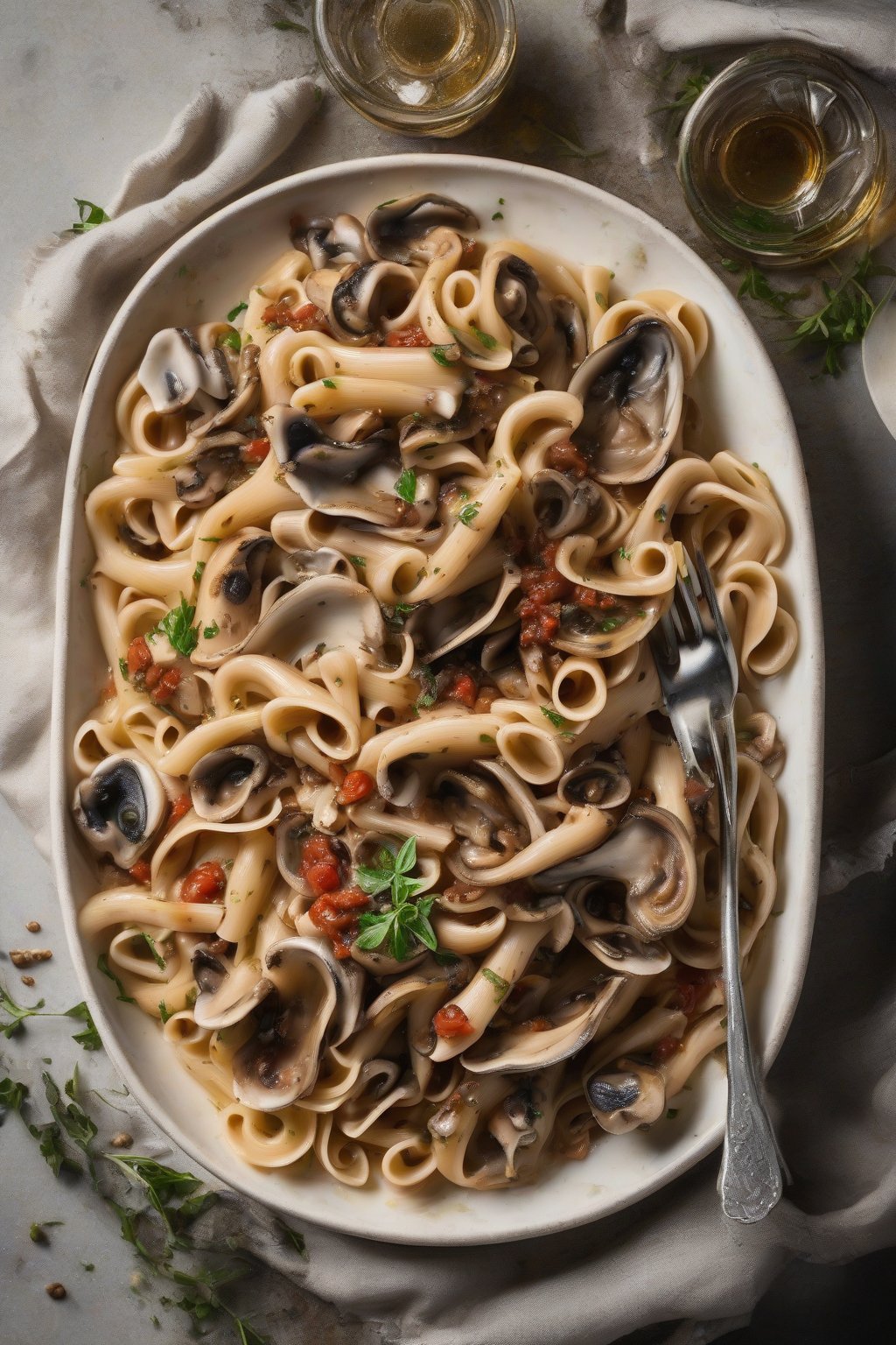 A high-resolution photo of oyster mushroom pasta puttanesca twirled on a fork under soft lighting.