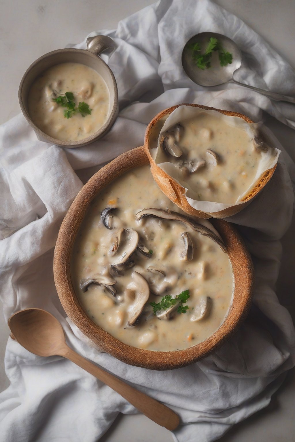 A high-resolution close-up photo of smoky oyster mushroom chowder in a bread bowl under soft lighting.