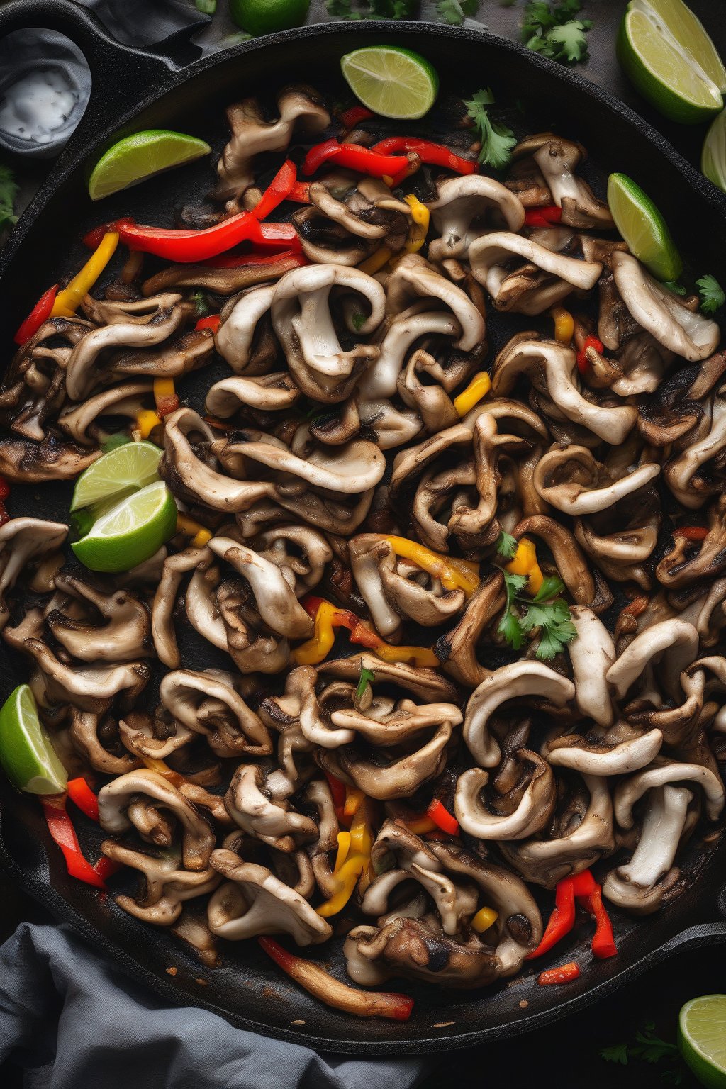 A high-resolution photo of sizzling oyster mushroom fajitas on a cast-iron skillet under soft lighting.