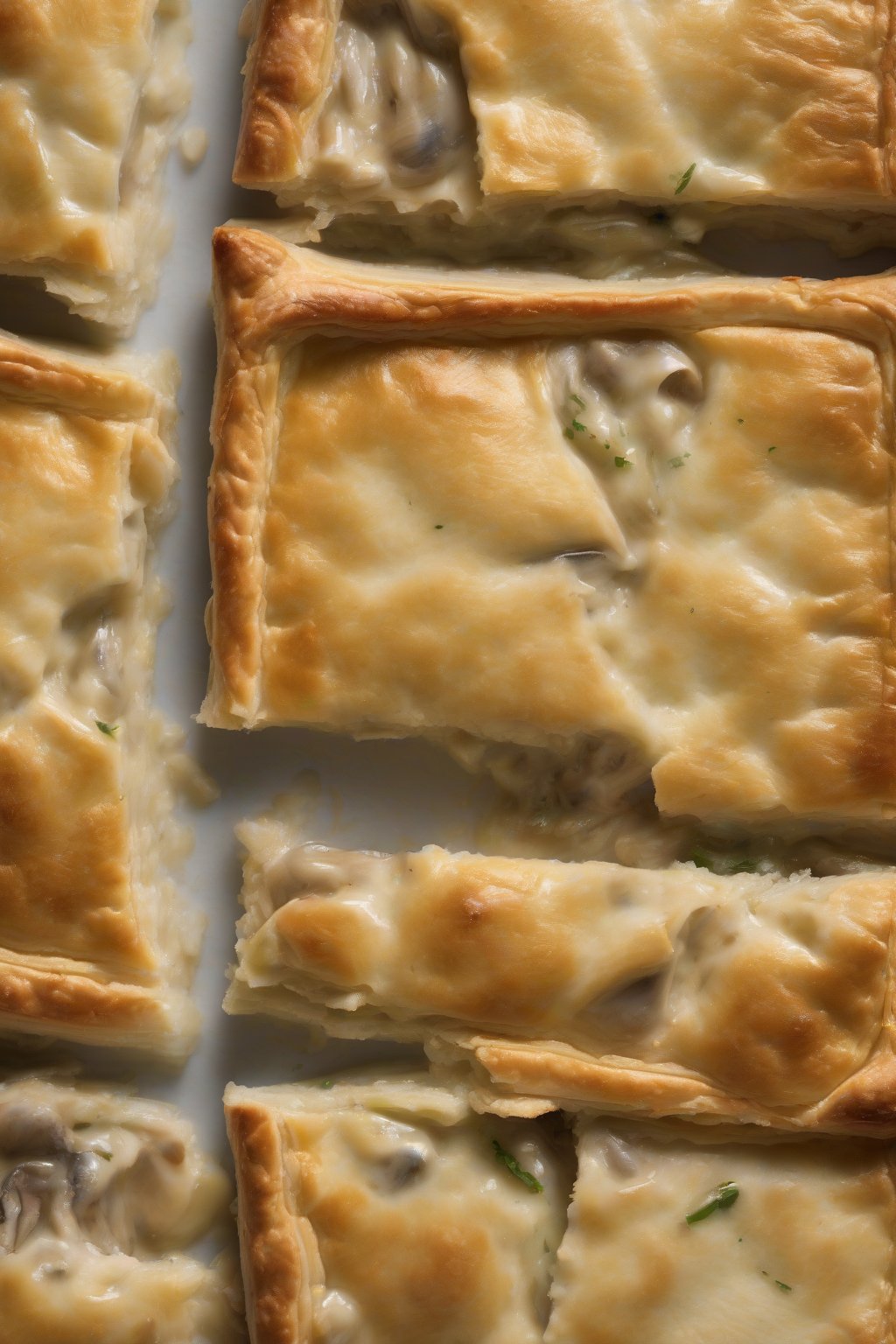 A high-resolution close-up photo of a golden oyster mushroom pot pie slice under soft lighting.