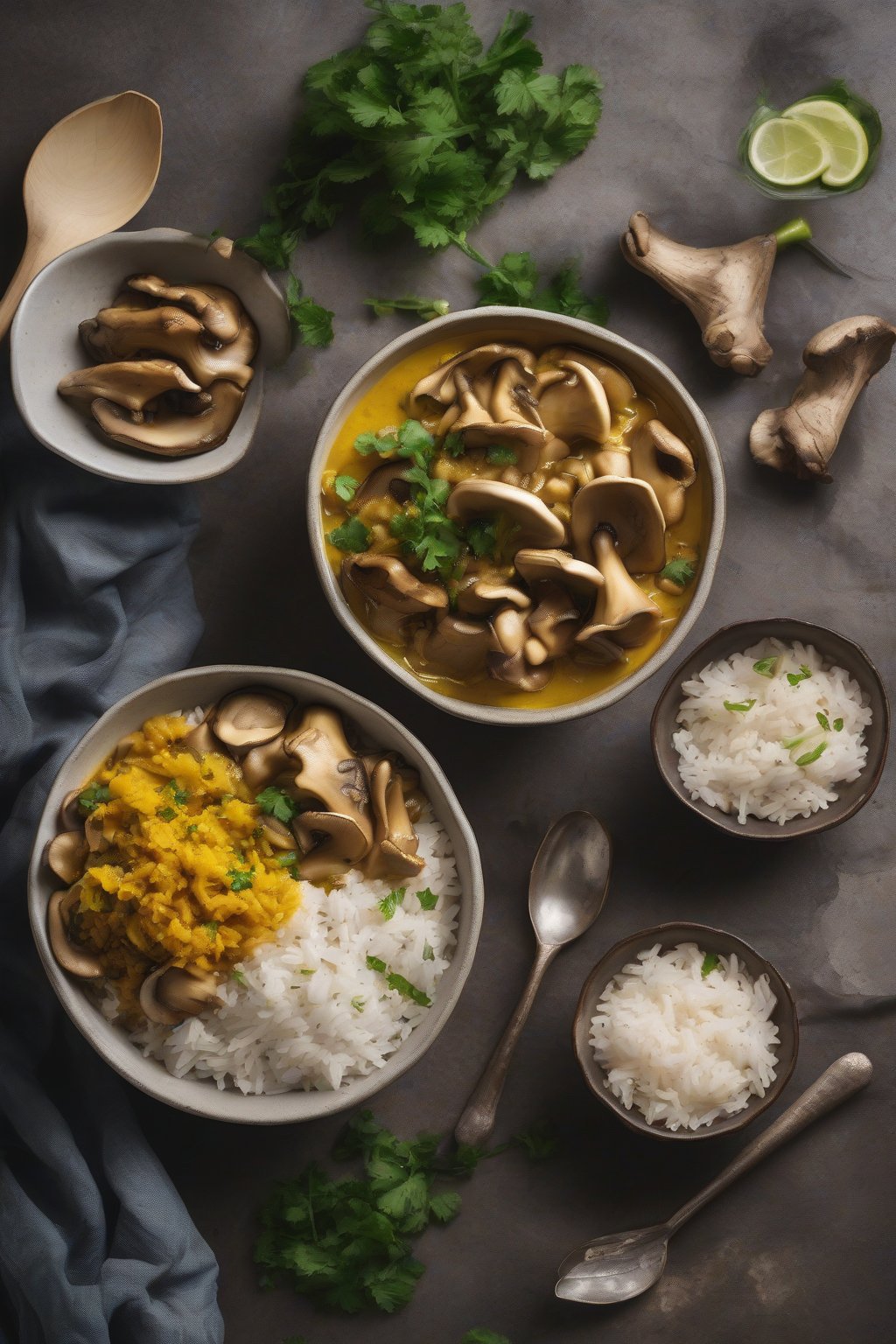 A high-resolution photo of curried oyster mushroom bowl with rice under soft lighting.
