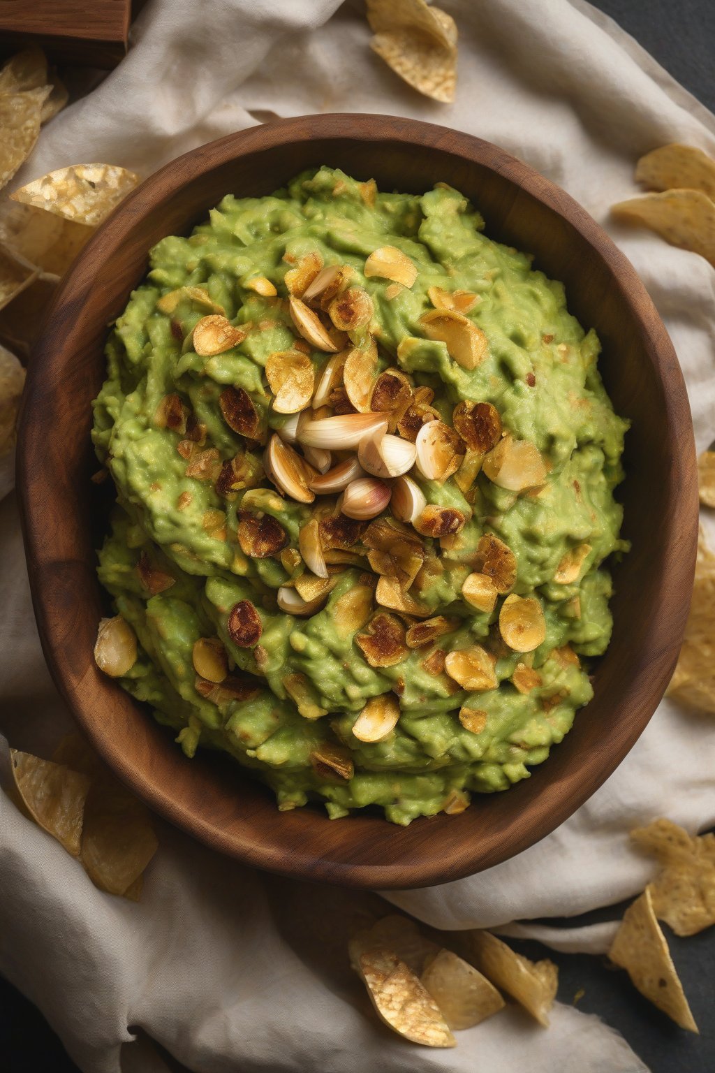 A high-resolution photo of smoky roasted garlic guacamole with golden garlic bits visible, in a wooden bowl, under soft lighting.