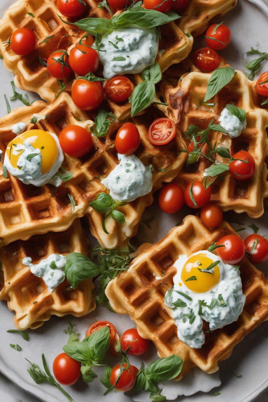 A high-resolution photo of golden herb feta waffles garnished with tzatziki and cherry tomatoes under soft lighting.