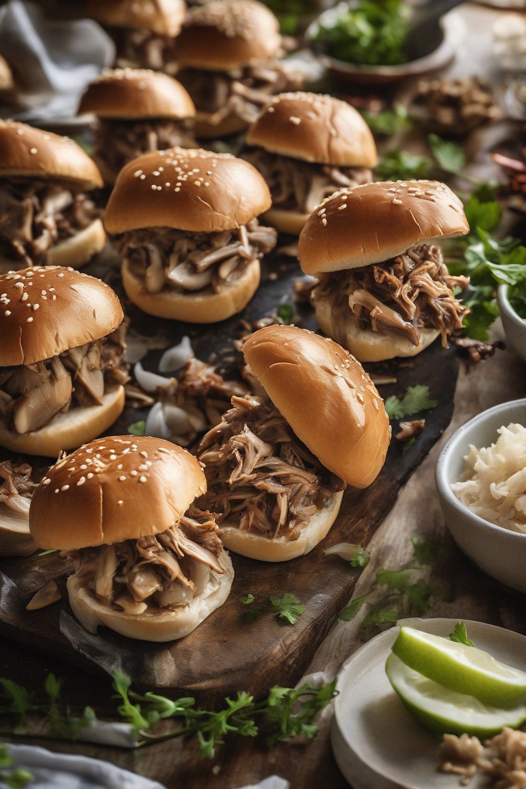 A high-resolution close-up photo of oyster mushroom pulled pork sliders under soft lighting.