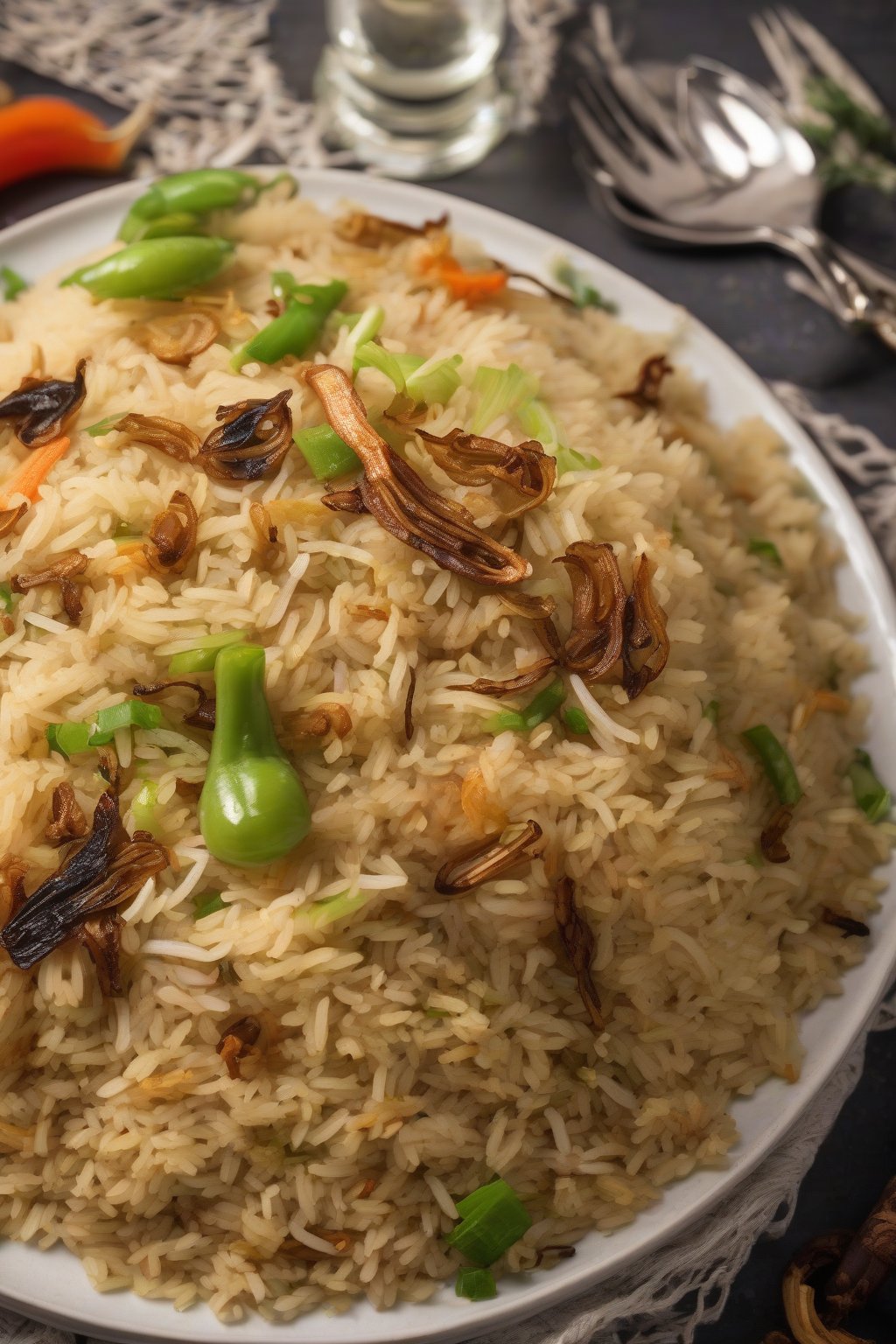 A high-resolution photo of steaming vegetable pulao garnished with fried onions under soft lighting.
