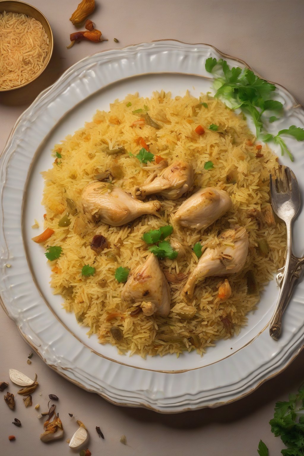 A high-resolution photo of golden chicken pulao with tender meat pieces under soft lighting.