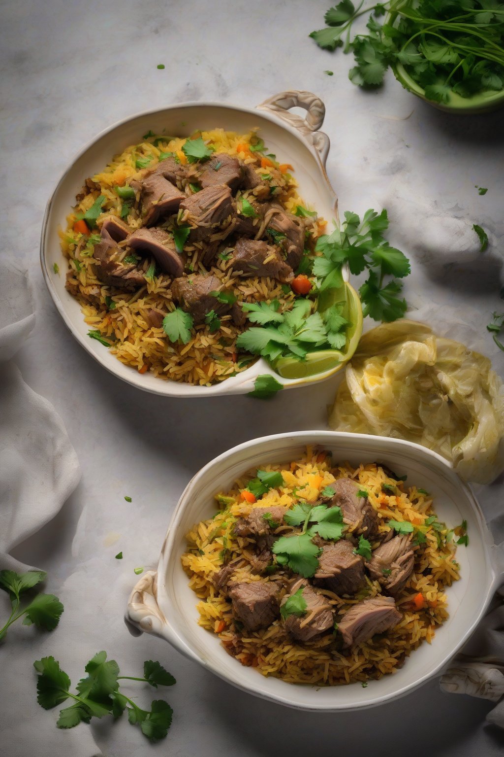 A high-resolution photo of aromatic lamb pulao topped with fresh cilantro under soft lighting.