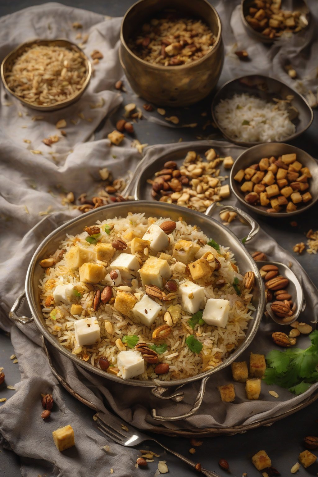 A high-resolution photo of paneer pulao with golden-fried cubes and nuts under soft lighting.