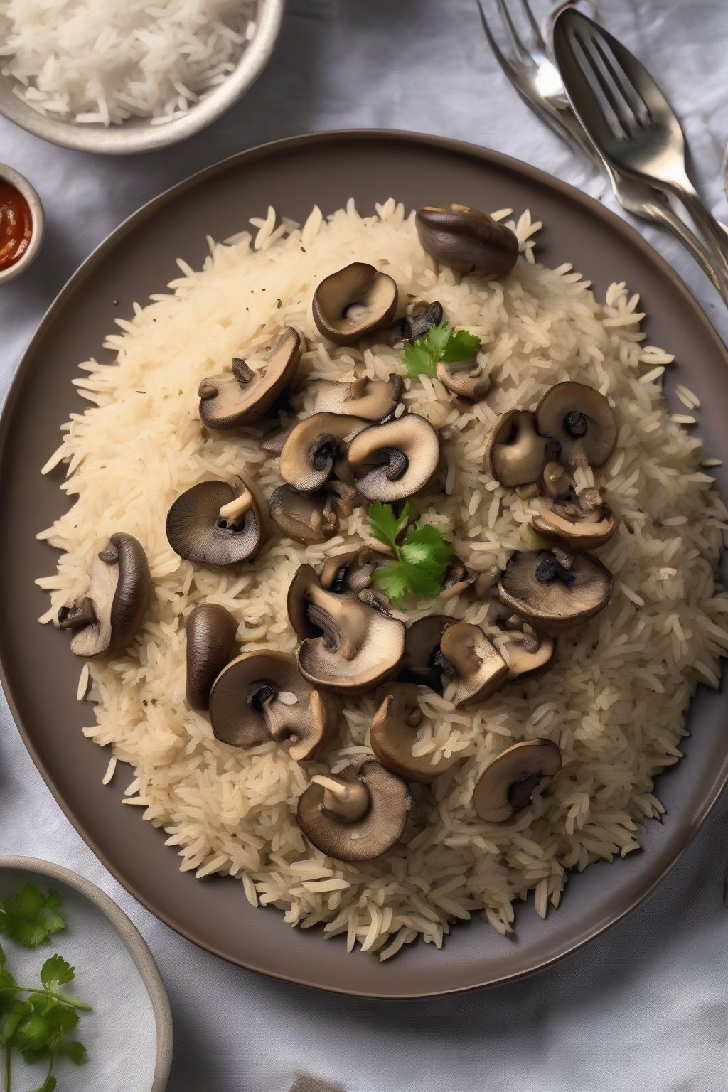 A high-resolution photo of mushroom pulao with glossy slices amid fluffy rice under soft lighting.