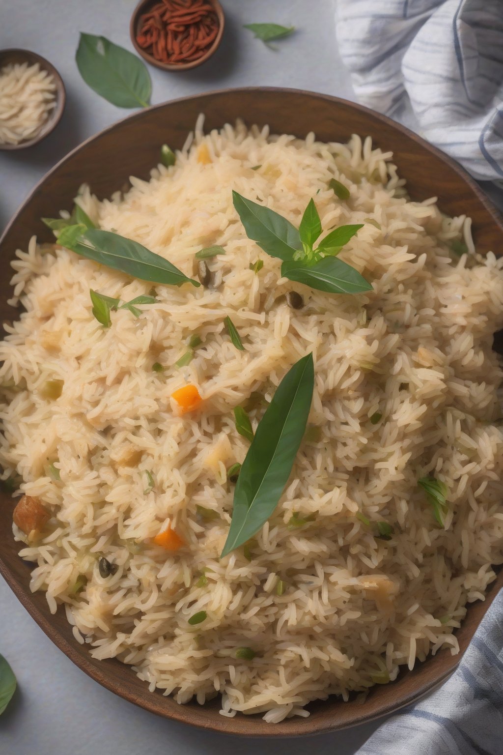 A high-resolution photo of creamy coconut pulao garnished with curry leaves under soft lighting.