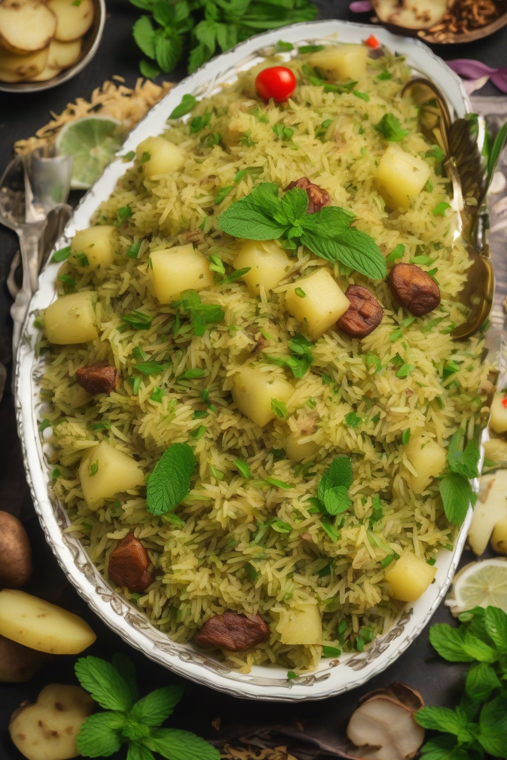 A high-resolution photo of vibrant green mint pulao with potato chunks under soft lighting.
