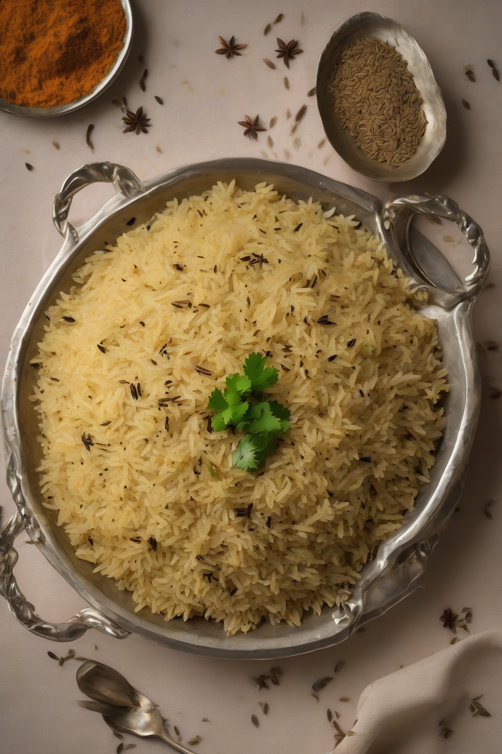 A high-resolution photo of fluffy jeera pulao speckled with cumin seeds under soft lighting.