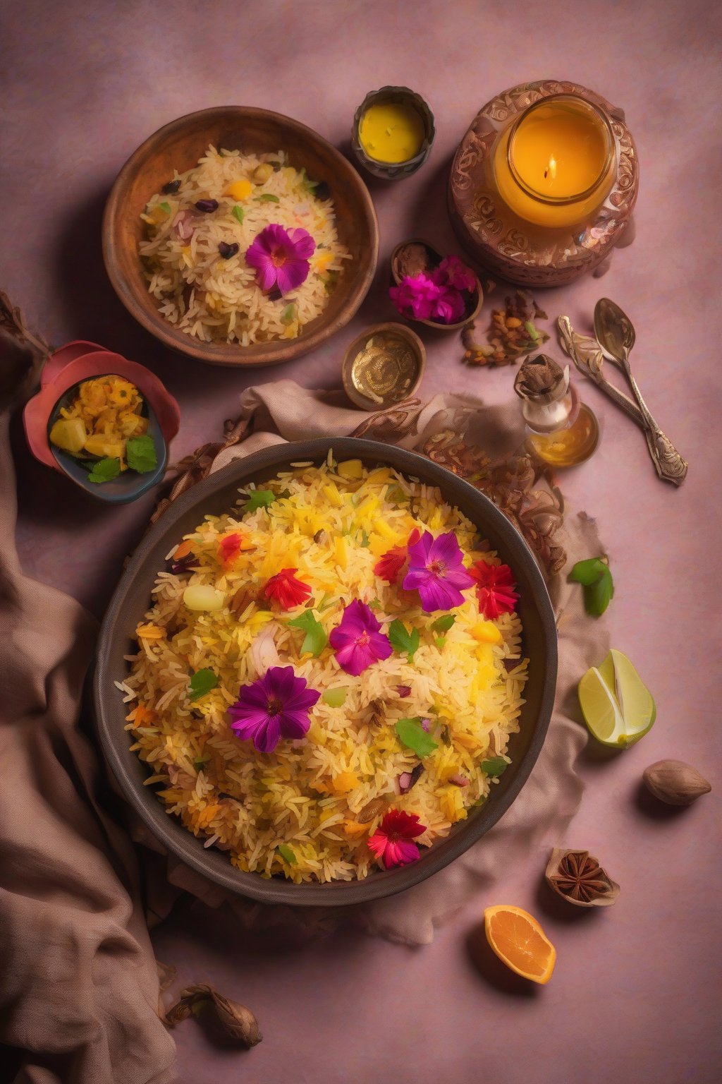 A high-resolution photo of colorful Kashmiri pulao with fruits and saffron hues under soft lighting.