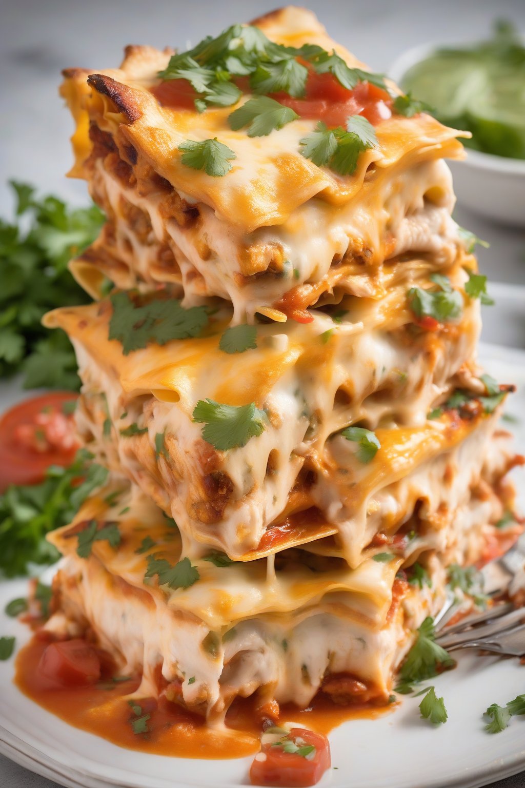 A high-resolution photo of Tex-Mex Chicken Lasagna sliced on a plate, oozing cheese with salsa drips and cilantro garnish under soft lighting.