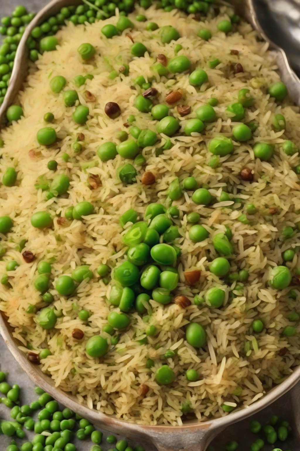 A high-resolution photo of peas-studded matar pulao with golden edges under soft lighting.