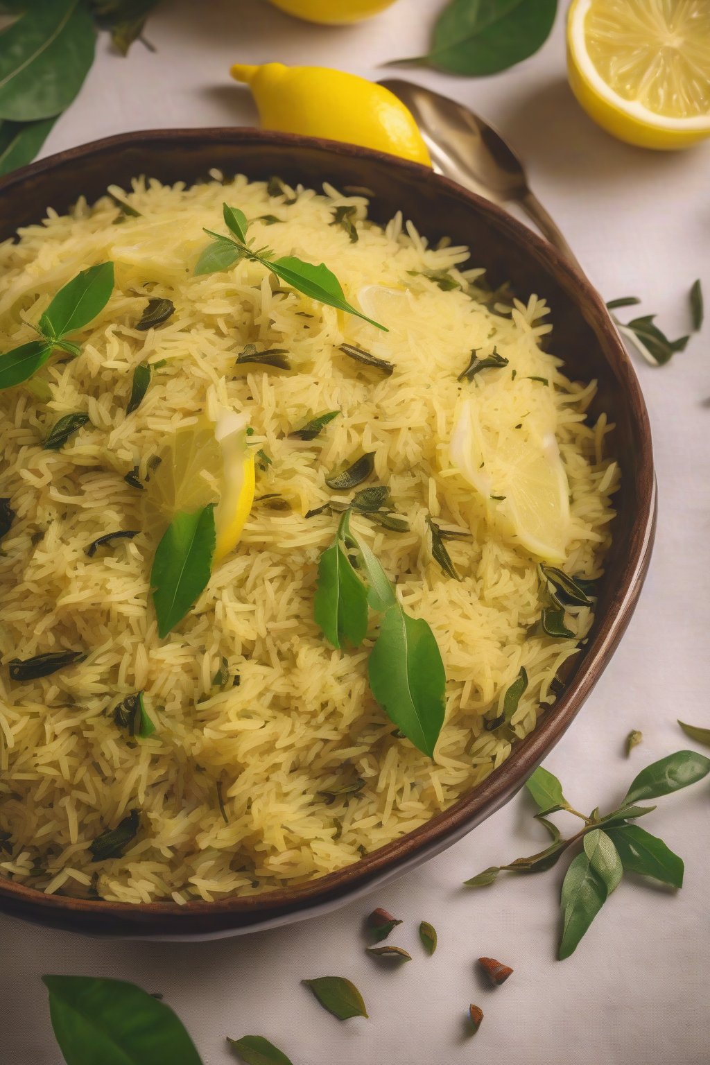 A high-resolution photo of bright lemon pulao garnished with curry leaves under soft lighting.