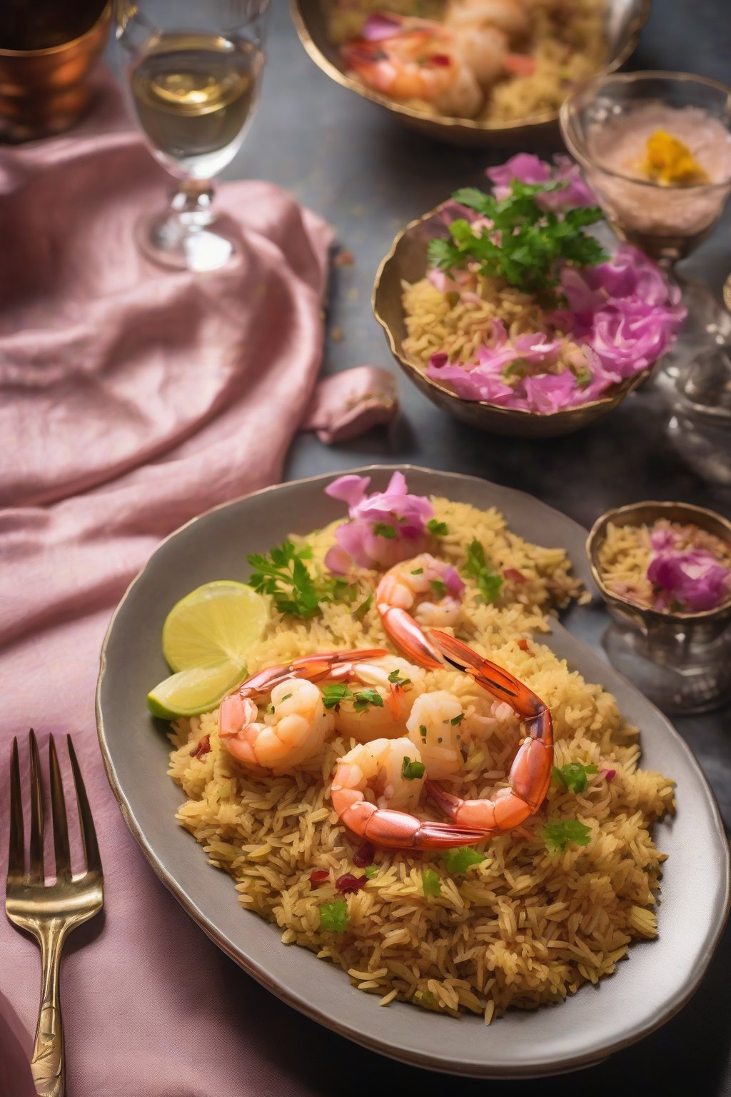 A high-resolution photo of prawn pulao with pink shellfish amid spiced rice under soft lighting.