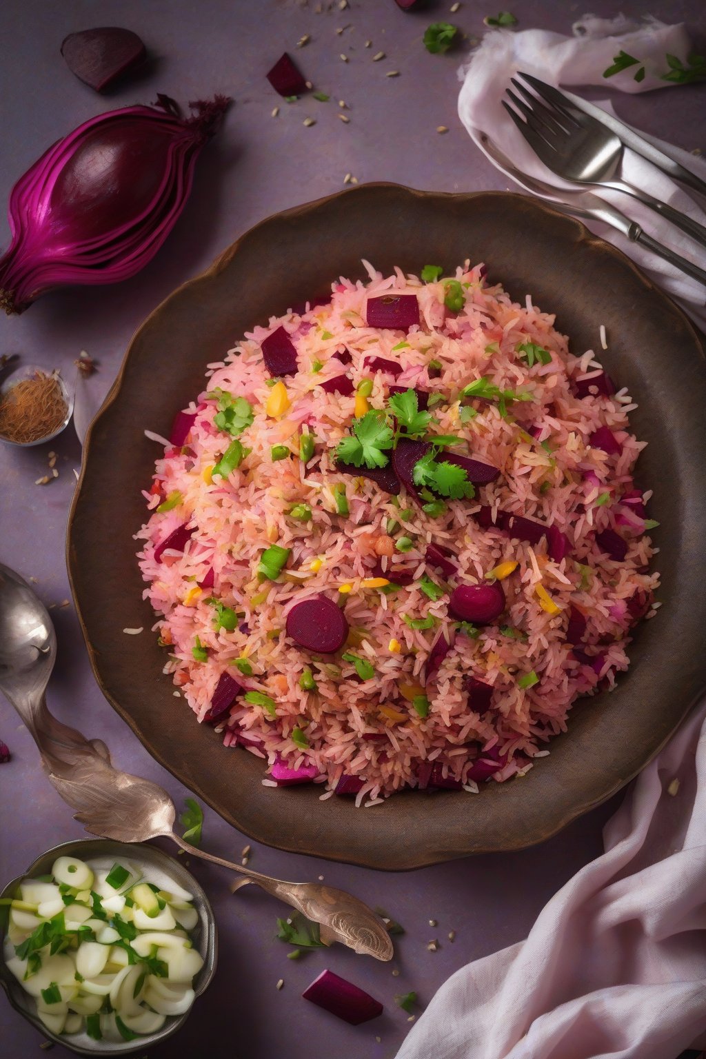 A high-resolution photo of pink beetroot pulao with grated veggies under soft lighting.