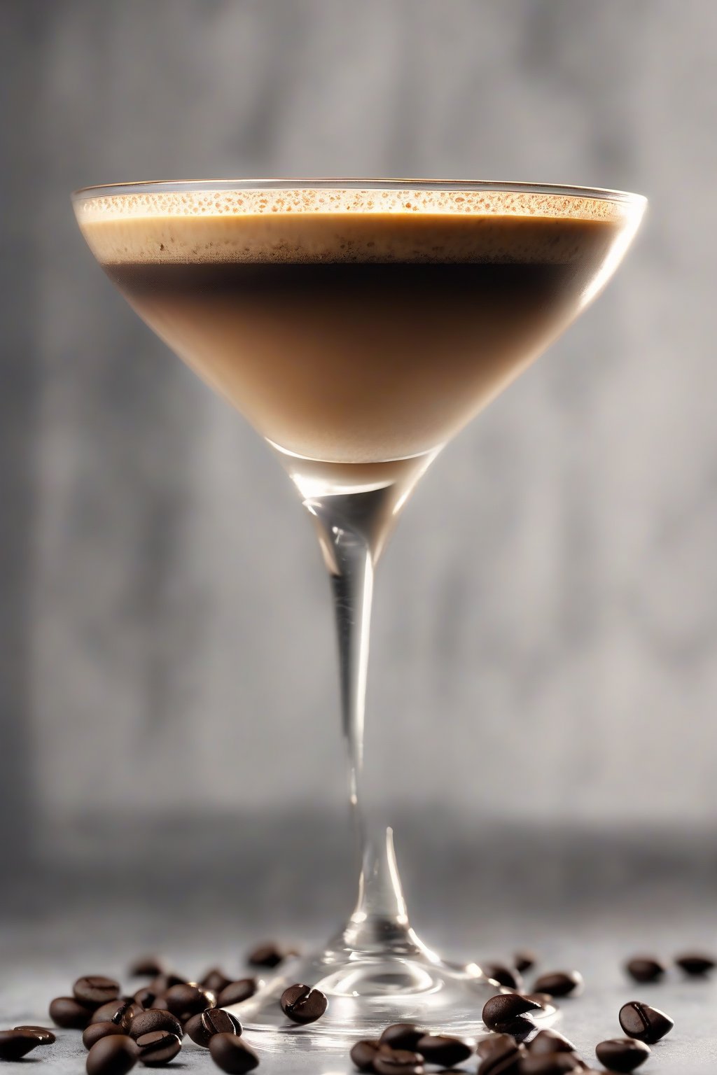A high-resolution close-up photo of a classic shaken espresso martini in a chilled glass, frothy crema on top with three coffee beans, under soft lighting.