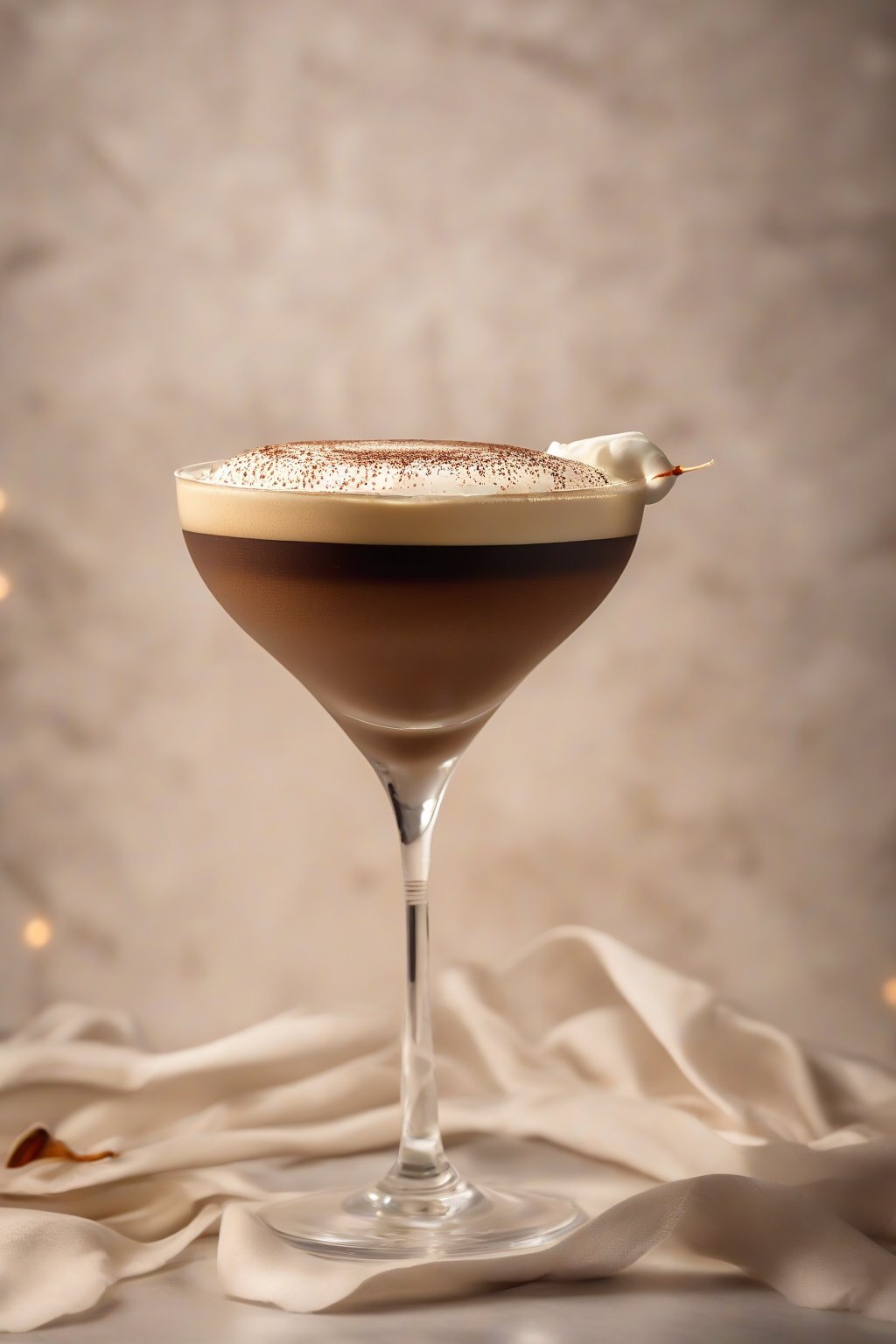 A high-resolution close-up photo of a vanilla dream espresso martini, creamy layer floating atop frothy espresso, garnished with a vanilla pod, under soft lighting.