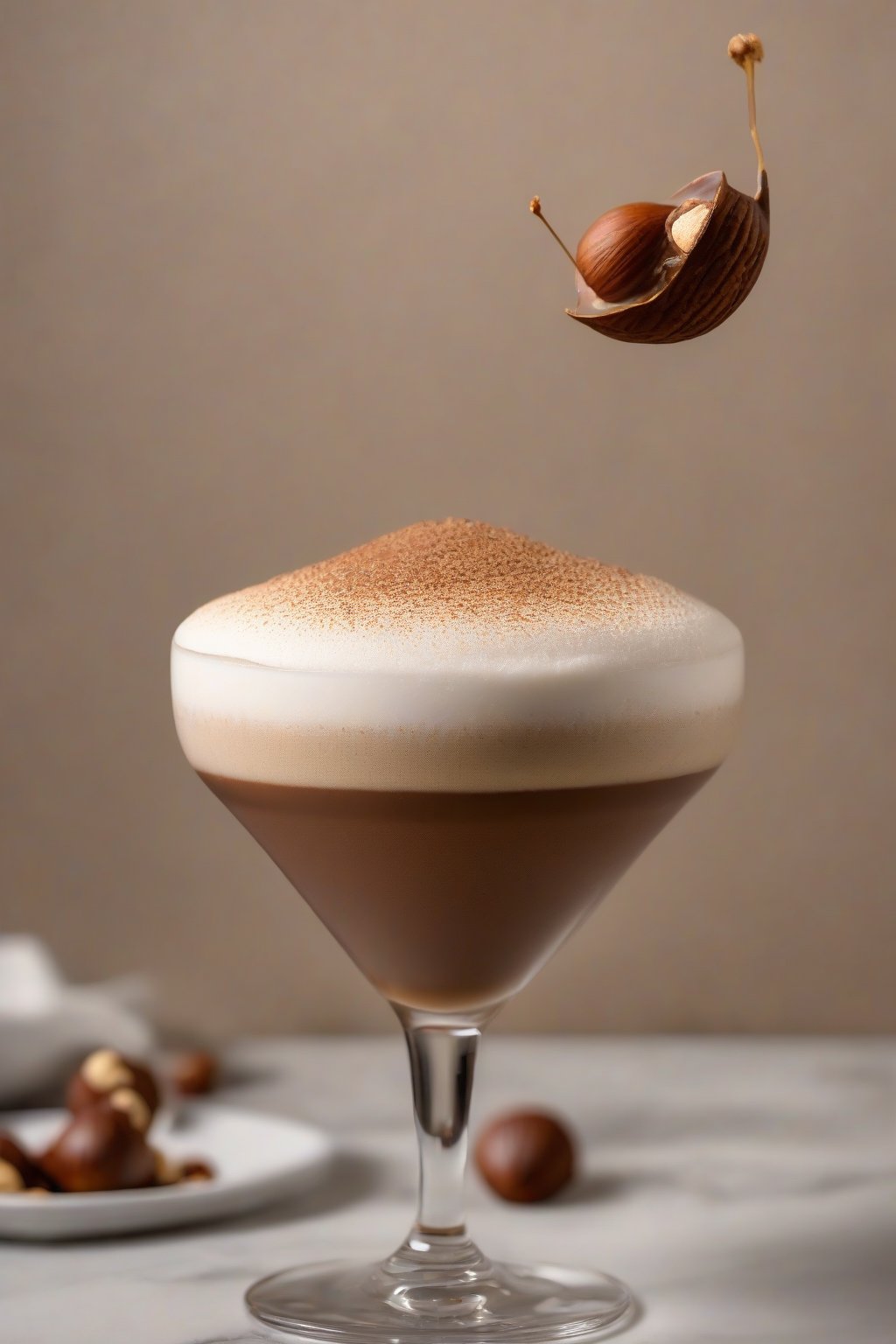 A high-resolution close-up photo of a hazelnut heaven espresso martini, nutty foam with hazelnut rim, under soft lighting.