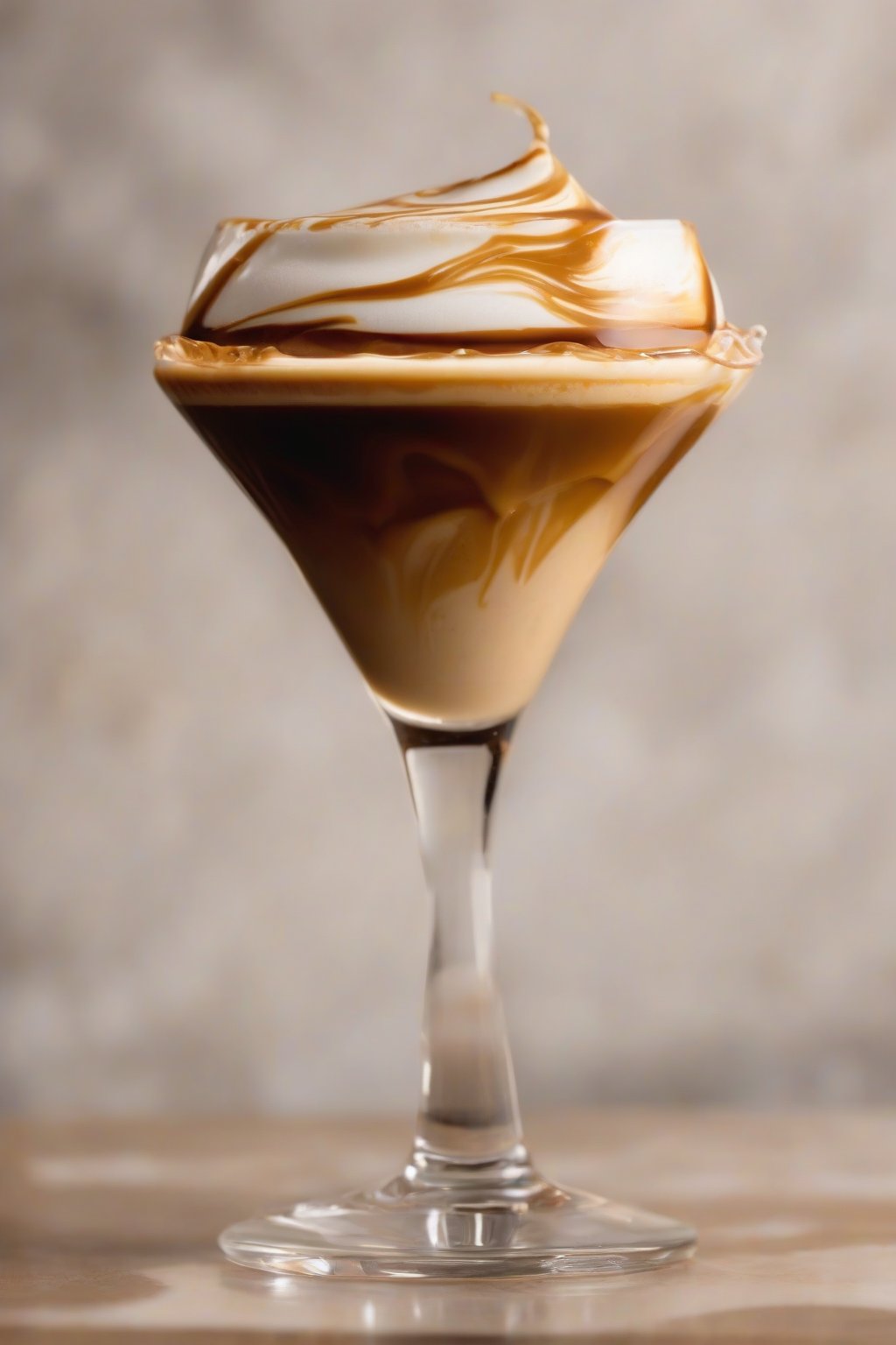A high-resolution close-up photo of a salted caramel espresso martini, golden caramel swirl inside the glass with frothy top, under soft lighting.